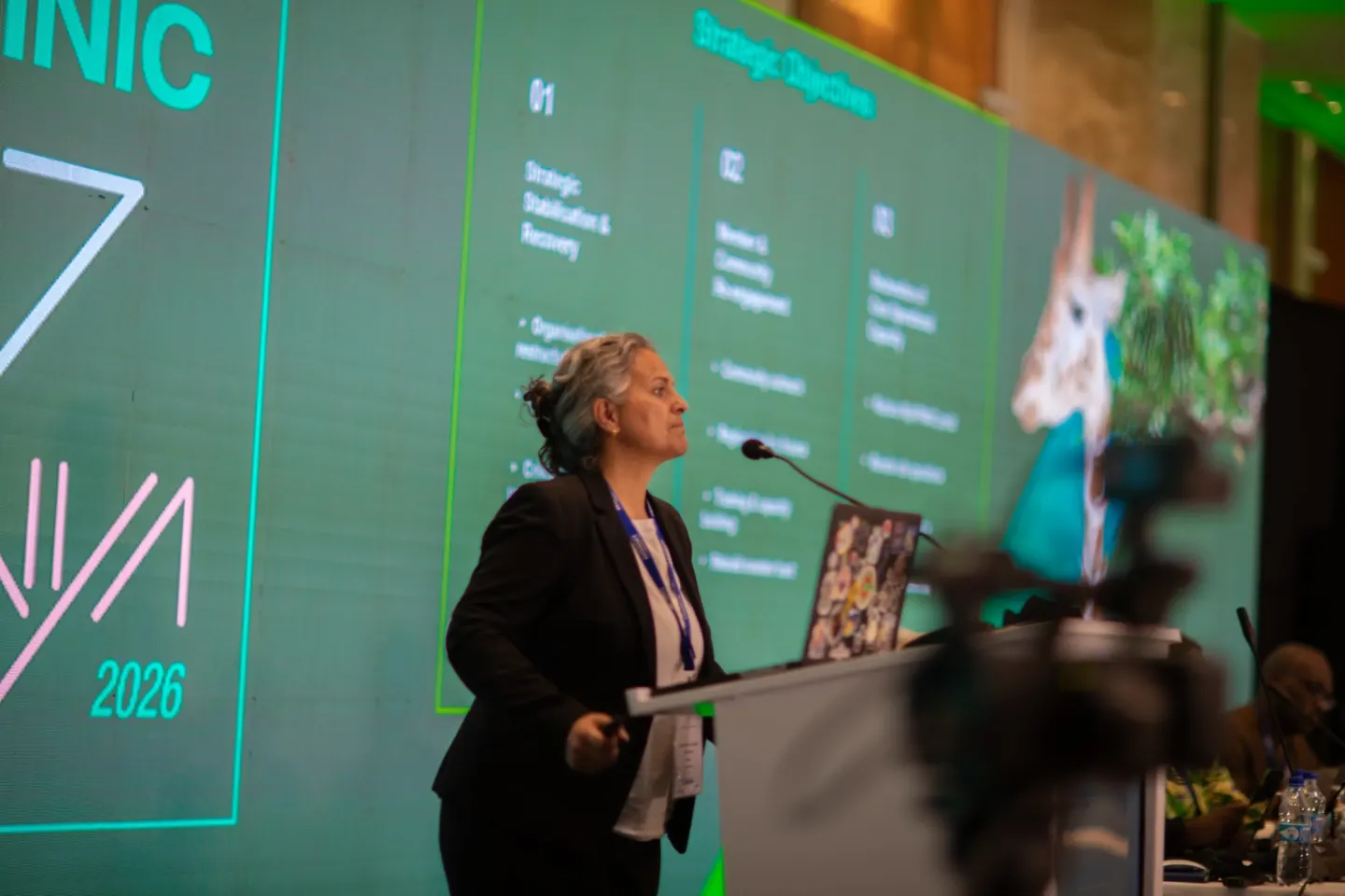 A speaker presents in front of the stage screen at AFRINIC-37
